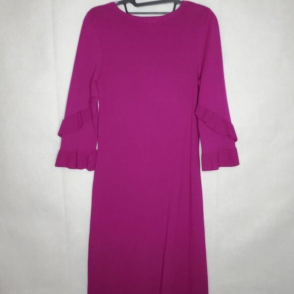 Talbots Ruffled Sleeve Round Neck Midi Knee Length Solid Mulberry Sweaterdress - Picture 7 of 8